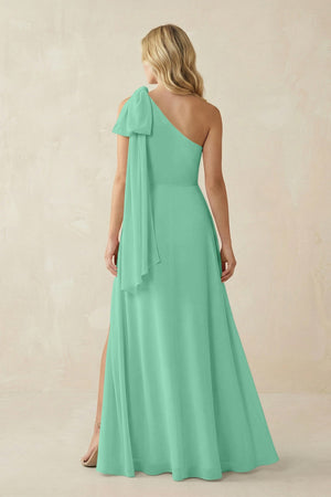 Ruffled One Shoulder Chiffon Bridesmaid Dress With Slit in Turquoise - SHE IS ME BRIDESMAID DRESSES