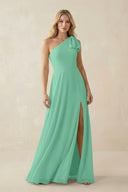 Ruffled One Shoulder Chiffon Bridesmaid Dress With Slit in Turquoise - SHE IS ME BRIDESMAID DRESSES
