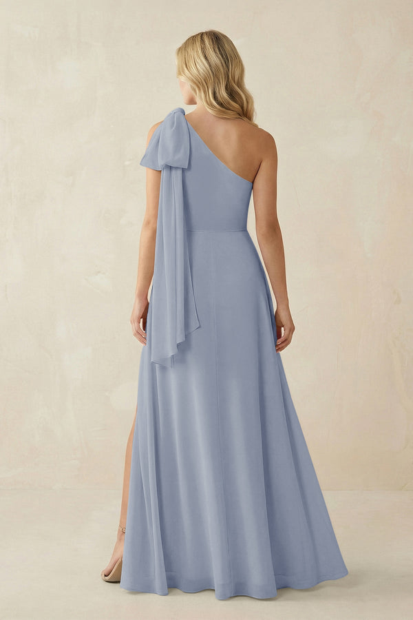 Ruffled One Shoulder Chiffon Bridesmaid Dress With Slit in Twilight - SHE IS ME BRIDESMAID DRESSES