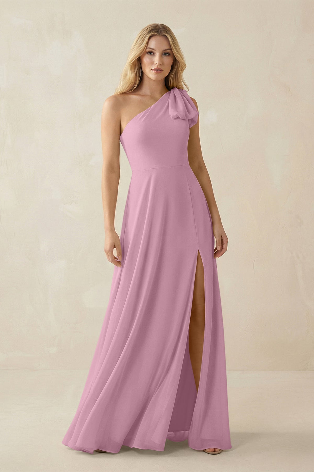 Ruffled One Shoulder Chiffon Bridesmaid Dress With Slit in Vintage Mauve - KISS BRIDAL BRIDESMAID DRESSES