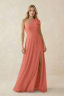 Ruffled One Shoulder Chiffon Bridesmaid Dress With Slit in Wild Rose - SHE IS ME BRIDESMAID DRESSES
