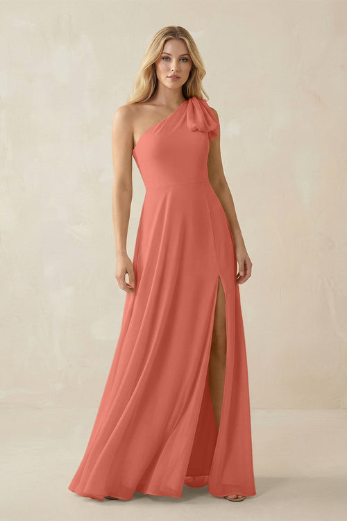 Ruffled One Shoulder Chiffon Bridesmaid Dress With Slit in Wild Rose - SHE IS ME BRIDESMAID DRESSES