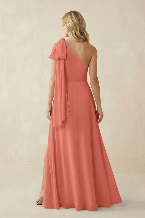 Ruffled One Shoulder Chiffon Bridesmaid Dress With Slit in Wild Rose - SHE IS ME BRIDESMAID DRESSES