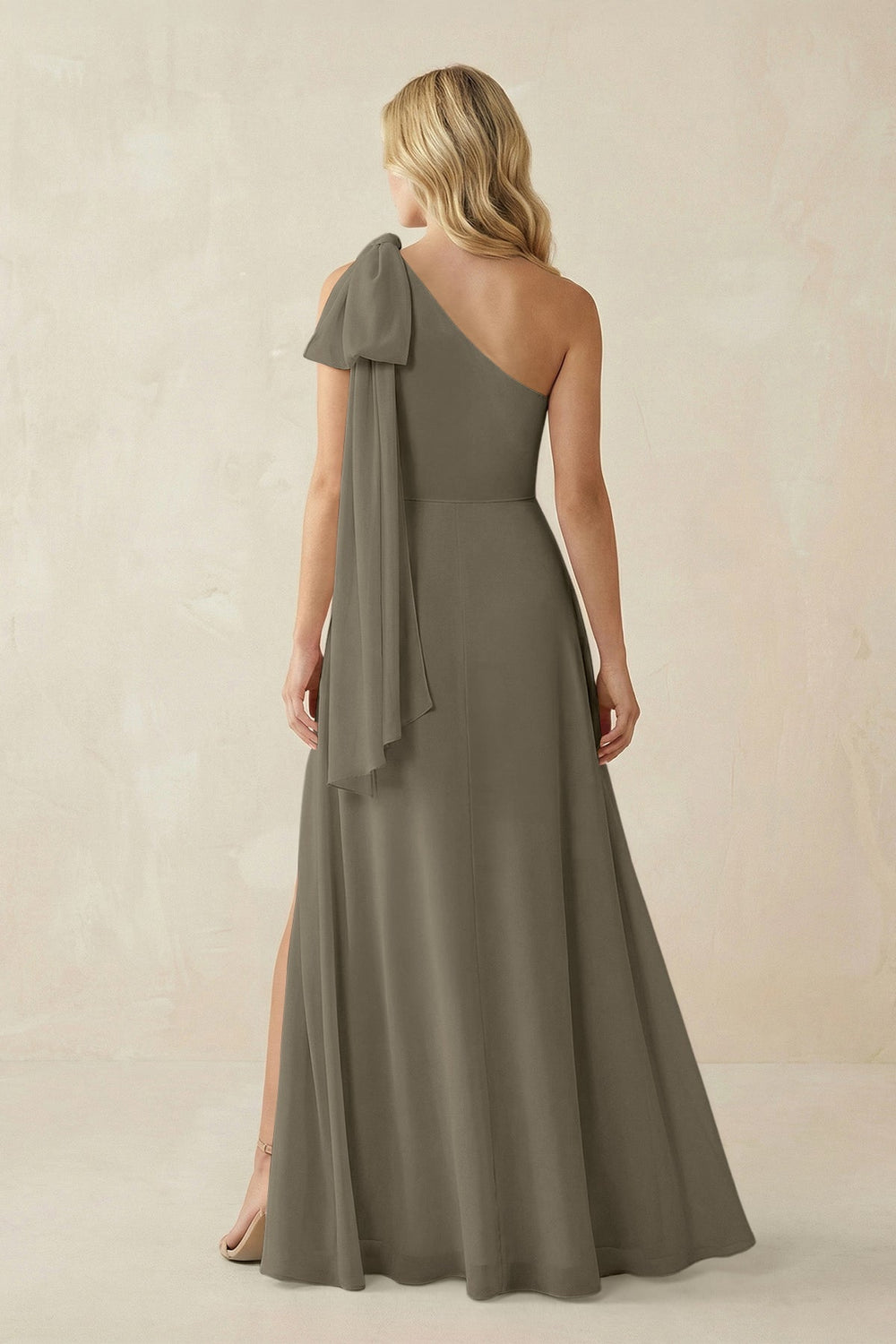Ruffled One Shoulder Chiffon Bridesmaid Dress With Slit in Willow Green - KISS BRIDAL BRIDESMAID DRESSES