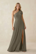Ruffled One Shoulder Chiffon Bridesmaid Dress With Slit in Willow Green - SHE IS ME BRIDESMAID DRESSES