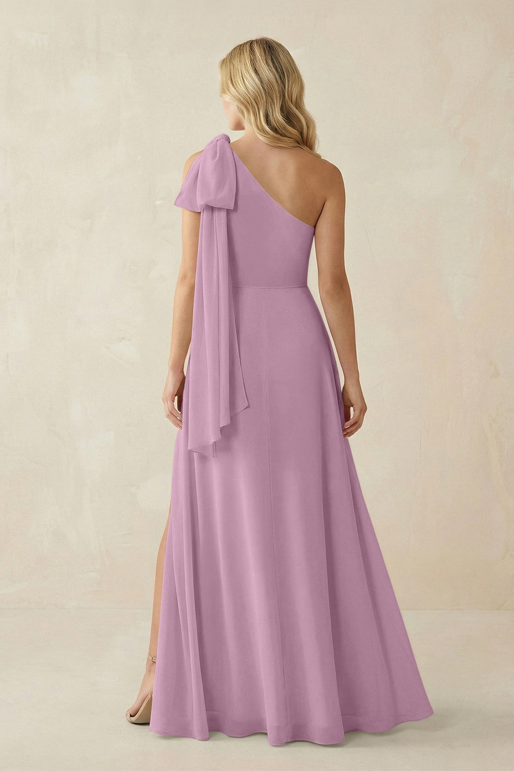 Ruffled One Shoulder Chiffon Bridesmaid Dress With Slit in Wisteria - KISS BRIDAL BRIDESMAID DRESSES