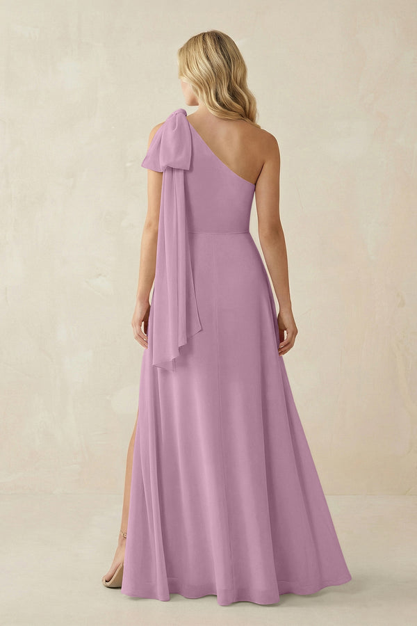Ruffled One Shoulder Chiffon Bridesmaid Dress With Slit in Wisteria - SHE IS ME BRIDESMAID DRESSES