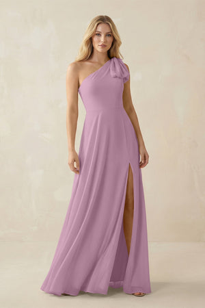 Ruffled One Shoulder Chiffon Bridesmaid Dress With Slit in Wisteria - SHE IS ME BRIDESMAID DRESSES