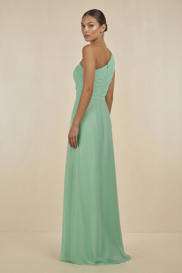 Ruffled One-Shoulder Pleated Sheath Bridesmaid Dress in Pale Pistachio - SHE IS ME BRIDESMAID DRESSES