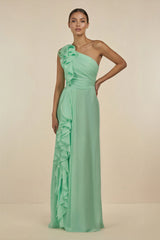 Ruffled One-Shoulder Pleated Sheath Bridesmaid Dress in Pale Pistachio - KISS BRIDAL BRIDESMAID DRESSES