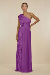 Ruffled One - Shoulder Pleated Sheath Bridesmaid Dress in Amethyst - KISS BRIDAL Bridesmaid Dresses