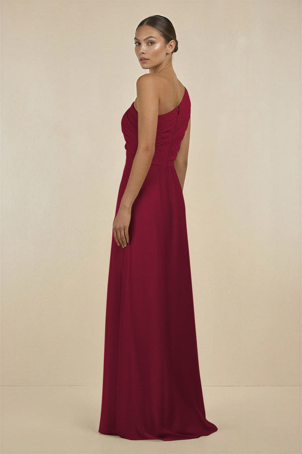 Ruffled One - Shoulder Pleated Sheath Bridesmaid Dress in Berry - SHE IS ME Bridesmaid Dresses