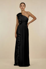 Ruffled One - Shoulder Pleated Sheath Bridesmaid Dress in Black - KISS BRIDAL Bridesmaid Dresses