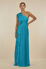 Ruffled One - Shoulder Pleated Sheath Bridesmaid Dress in Blue Jay - KISS BRIDAL Bridesmaid Dresses