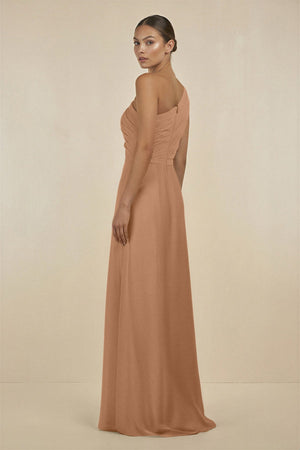 Ruffled One - Shoulder Pleated Sheath Bridesmaid Dress in Bronzer - SHE IS ME Bridesmaid Dresses