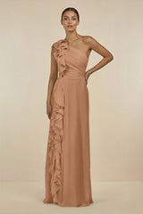 Ruffled One - Shoulder Pleated Sheath Bridesmaid Dress in Bronzer - KISS BRIDAL Bridesmaid Dresses
