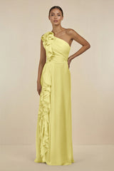 Ruffled One - Shoulder Pleated Sheath Bridesmaid Dress in Buttercup - KISS BRIDAL Bridesmaid Dresses