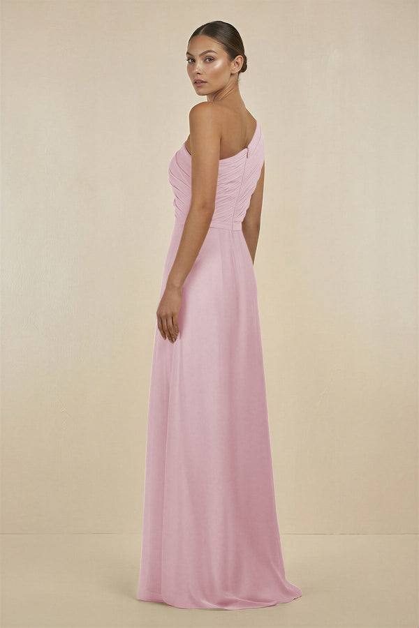 Ruffled One - Shoulder Pleated Sheath Bridesmaid Dress in Candy Pink - SHE IS ME Bridesmaid Dresses