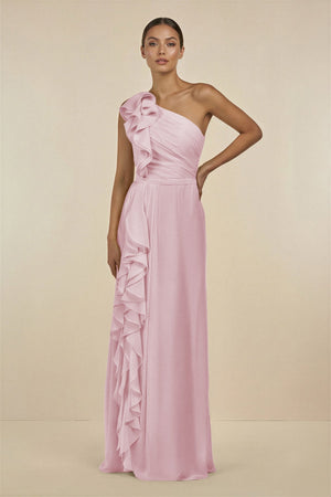 Ruffled One - Shoulder Pleated Sheath Bridesmaid Dress in Candy Pink - SHE IS ME Bridesmaid Dresses