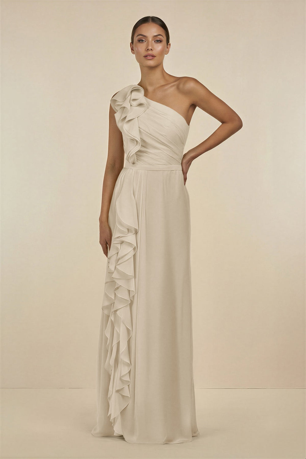 Ruffled One - Shoulder Pleated Sheath Bridesmaid Dress in Champagne - SHE IS ME Bridesmaid Dresses