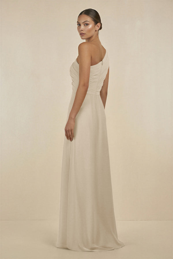 Ruffled One - Shoulder Pleated Sheath Bridesmaid Dress in Champagne - SHE IS ME Bridesmaid Dresses