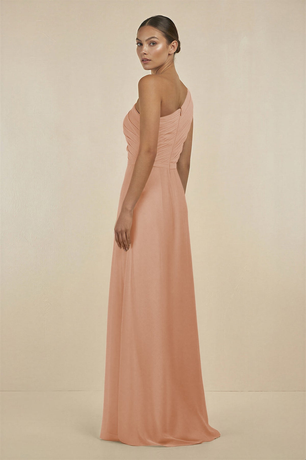 Ruffled One - Shoulder Pleated Sheath Bridesmaid Dress in Champagne Rose - SHE IS ME Bridesmaid Dresses
