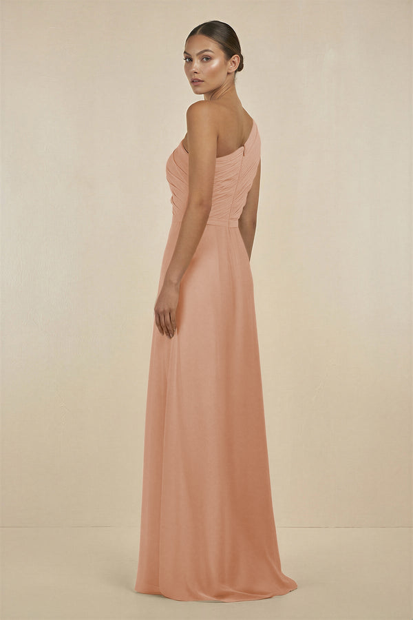 Ruffled One - Shoulder Pleated Sheath Bridesmaid Dress in Champagne Rose - SHE IS ME Bridesmaid Dresses
