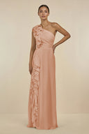 Ruffled One - Shoulder Pleated Sheath Bridesmaid Dress in Champagne Rose - SHE IS ME Bridesmaid Dresses