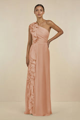 Ruffled One - Shoulder Pleated Sheath Bridesmaid Dress in Champagne Rose - KISS BRIDAL Bridesmaid Dresses