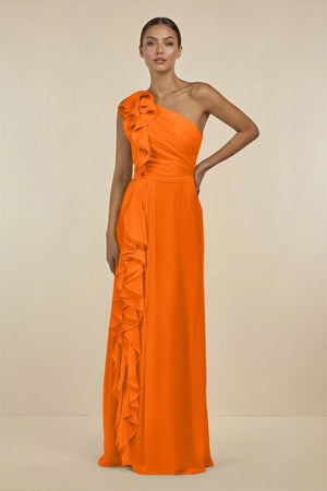 Ruffled One - Shoulder Pleated Sheath Bridesmaid Dress in Cinnamon - SHE IS ME Bridesmaid Dresses