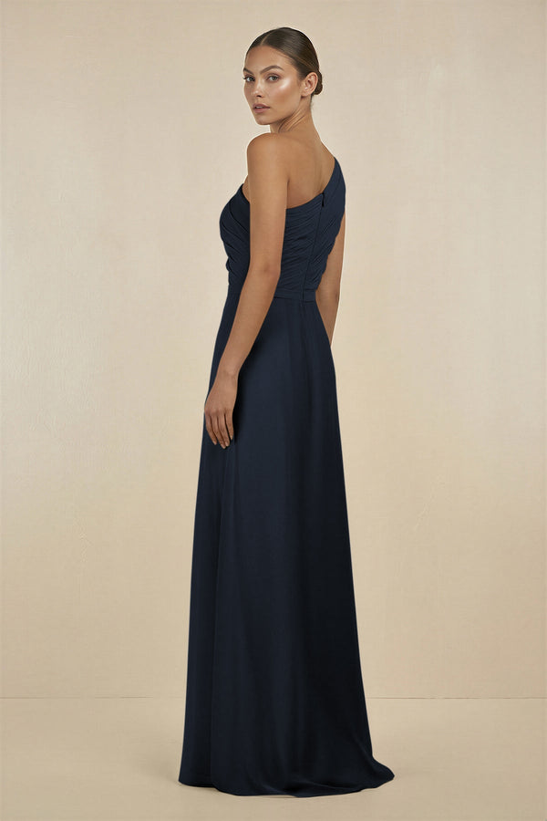 Ruffled One - Shoulder Pleated Sheath Bridesmaid Dress in Dark Navy - SHE IS ME Bridesmaid Dresses