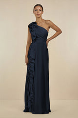 Ruffled One - Shoulder Pleated Sheath Bridesmaid Dress in Dark Navy - KISS BRIDAL Bridesmaid Dresses