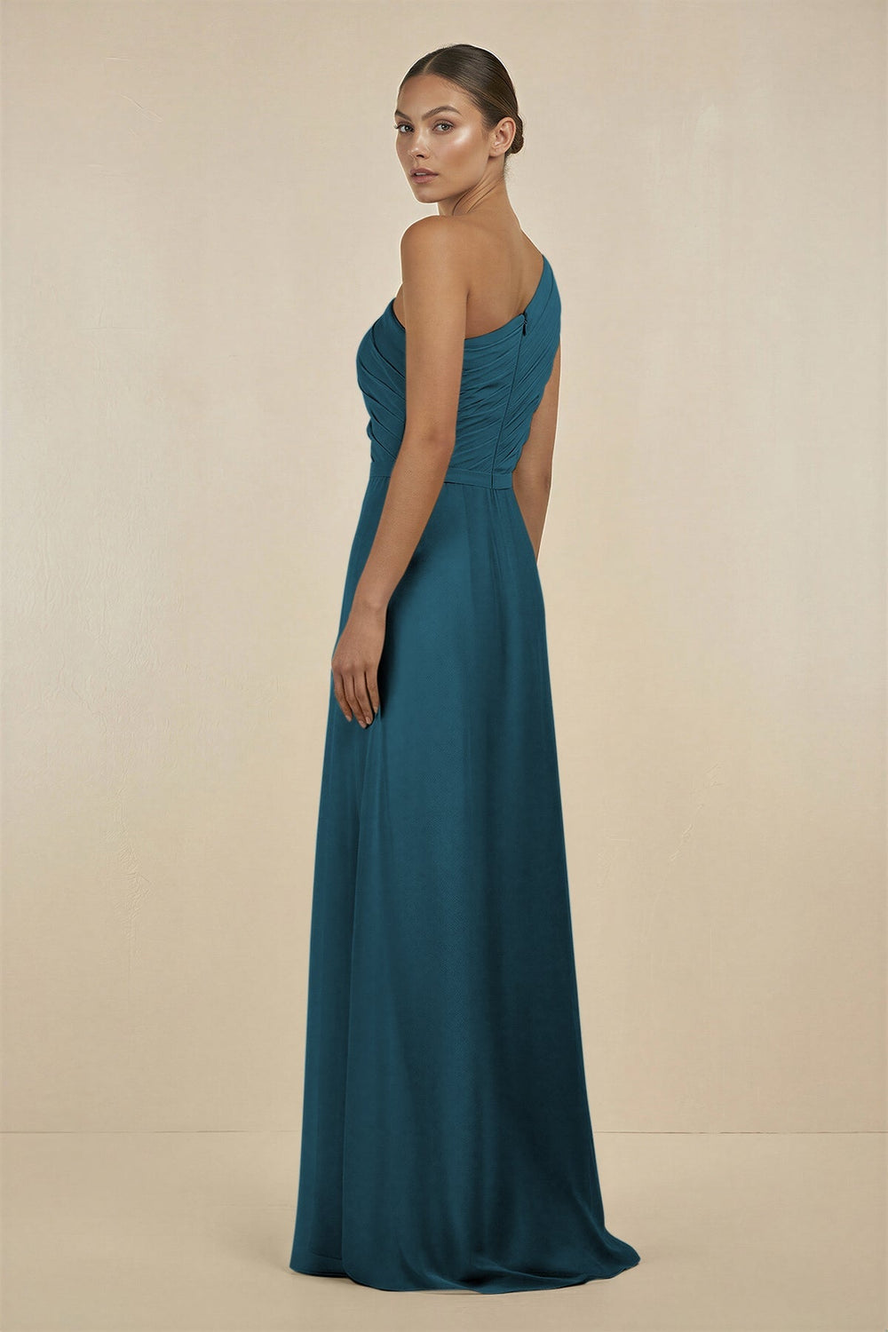 Ruffled One - Shoulder Pleated Sheath Bridesmaid Dress in Dark Teal - SHE IS ME Bridesmaid Dresses