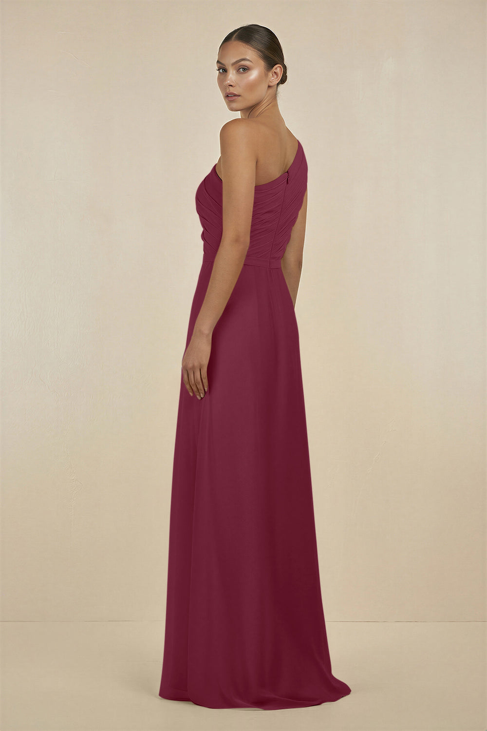 Ruffled One-Shoulder Pleated Sheath Bridesmaid Dress in Desert Rose