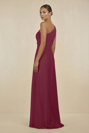 Ruffled One-Shoulder Pleated Sheath Bridesmaid Dress in Desert Rose (2) | KISSBRIDAL