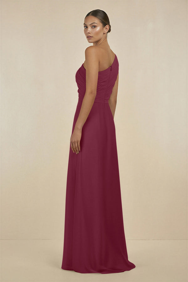 Ruffled One-Shoulder Pleated Sheath Bridesmaid Dress in Desert Rose (2) | KISSBRIDAL