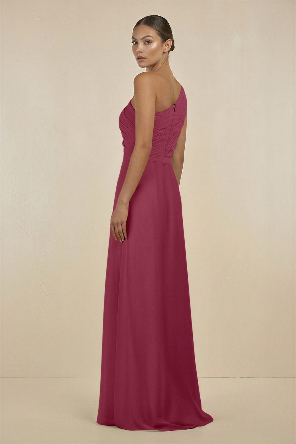 Ruffled One - Shoulder Pleated Sheath Bridesmaid Dress in Desert Rose - SHE IS ME Bridesmaid Dresses