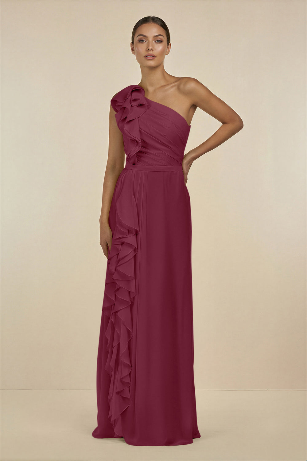 Ruffled One-Shoulder Pleated Sheath Bridesmaid Dress in Desert Rose