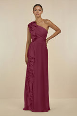 Ruffled One-Shoulder Pleated Sheath Bridesmaid Dress in Desert Rose | KISSBRIDAL