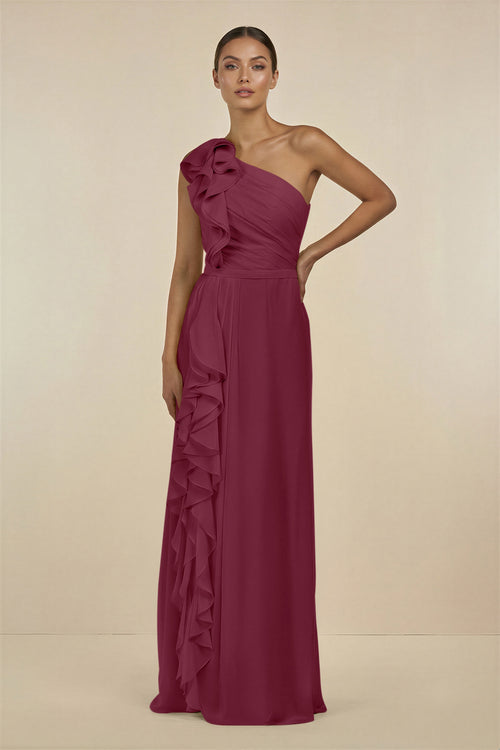 Ruffled One-Shoulder Pleated Sheath Bridesmaid Dress in Desert Rose | KISSBRIDAL