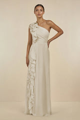 Ruffled One - Shoulder Pleated Sheath Bridesmaid Dress in Dove Gray - KISS BRIDAL Bridesmaid Dresses