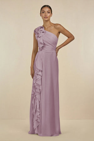 Ruffled One - Shoulder Pleated Sheath Bridesmaid Dress in Dusk - SHE IS ME Bridesmaid Dresses