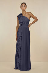 Ruffled One - Shoulder Pleated Sheath Bridesmaid Dress in Dusk Blue - KISS BRIDAL Bridesmaid Dresses