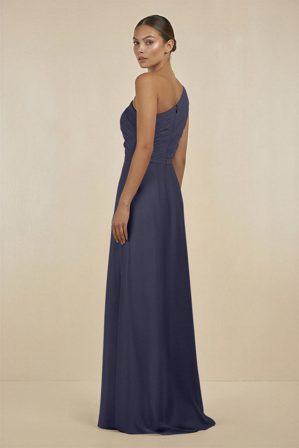 Ruffled One - Shoulder Pleated Sheath Bridesmaid Dress in Dusk Blue - SHE IS ME Bridesmaid Dresses