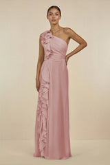 Ruffled One - Shoulder Pleated Sheath Bridesmaid Dress in Dusty Rose - KISS BRIDAL Bridesmaid Dresses