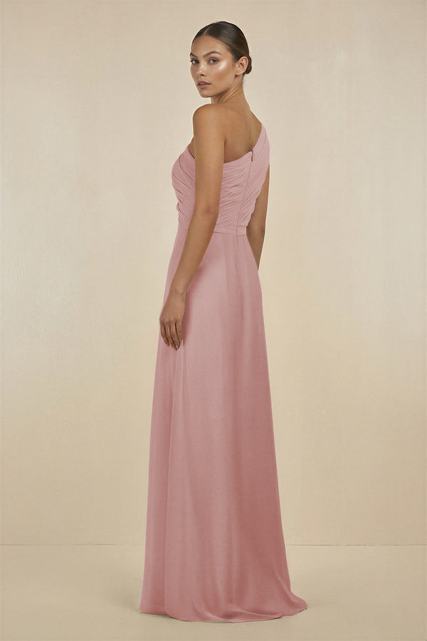 Ruffled One - Shoulder Pleated Sheath Bridesmaid Dress in Dusty Rose - SHE IS ME Bridesmaid Dresses