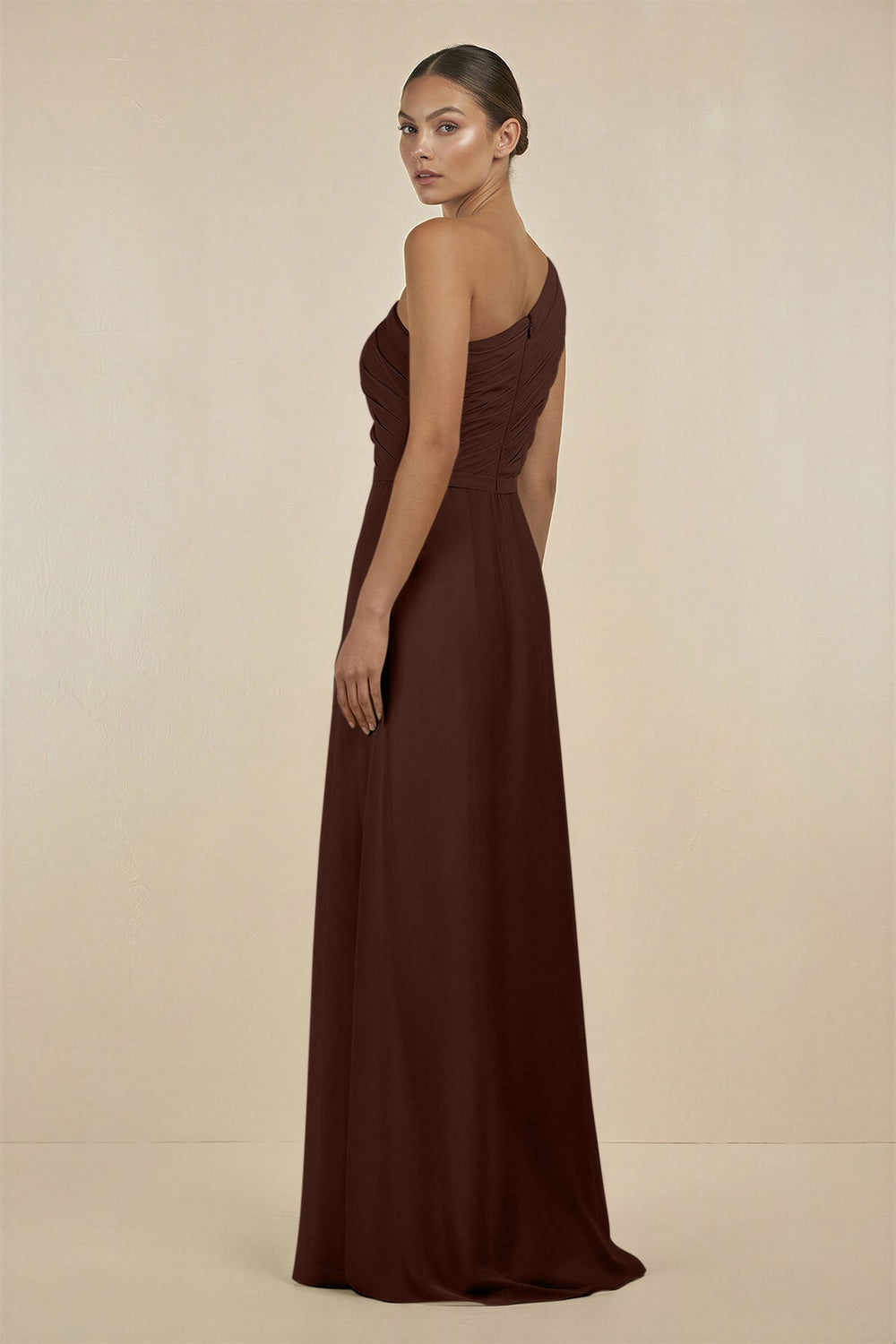 Ruffled One - Shoulder Pleated Sheath Bridesmaid Dress in Espresso - SHE IS ME Bridesmaid Dresses