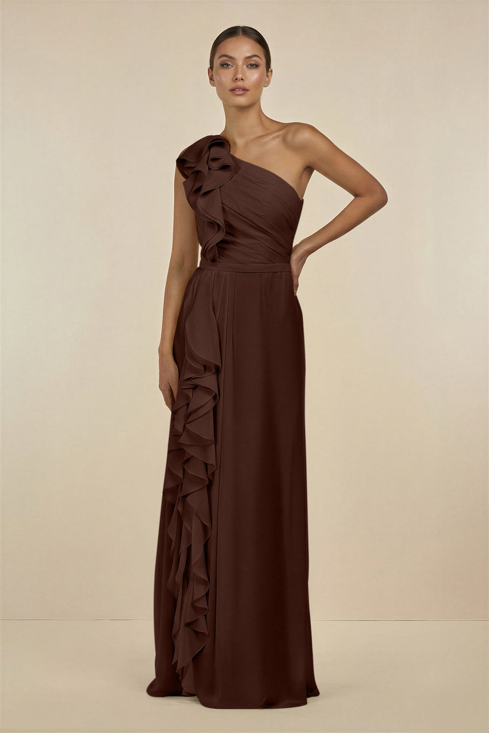 Ruffled One - Shoulder Pleated Sheath Bridesmaid Dress in Espresso - SHE IS ME Bridesmaid Dresses