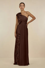Ruffled One - Shoulder Pleated Sheath Bridesmaid Dress in Espresso - KISS BRIDAL Bridesmaid Dresses