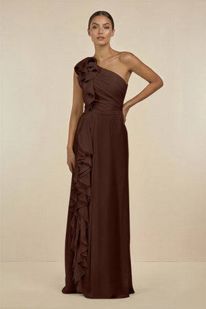 Ruffled One - Shoulder Pleated Sheath Bridesmaid Dress in Espresso - SHE IS ME Bridesmaid Dresses